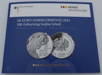 20  100. Geburtstag Sohpie Scholl 2021 -pp- Buchstabe D 20 -Mnze 